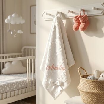 Personalised White Knitted Blanket With Bow, 6 of 10