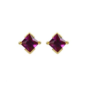 Yellow Gold Princess Cut Birthstone Earrings July Ruby, 2 of 5