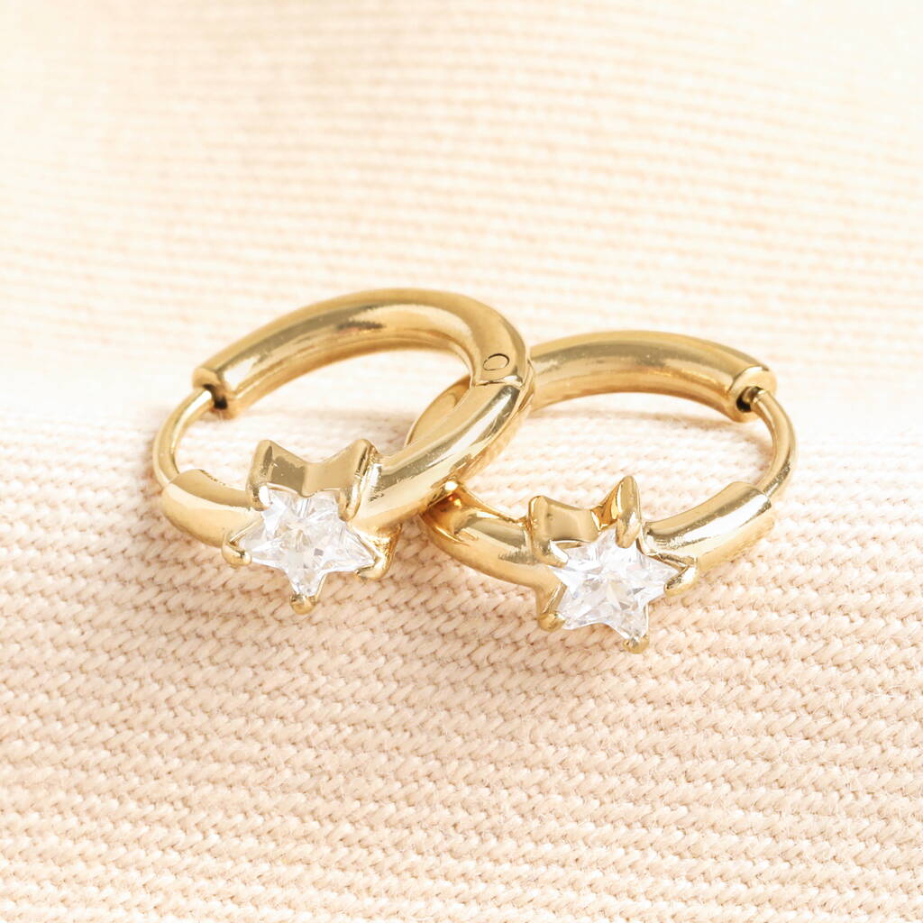 Stainless Steel Crystal Star Huggie Hoop Earrings In Gold Plating