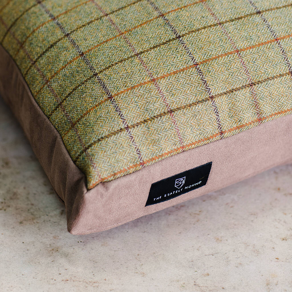 Green Tweed Wool Dog Bed With Faux Suede Base By The Stately Hound