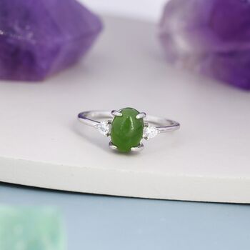 Genuine Oval Jade Stone Halo Ring In Sterling Silver, 5 of 11