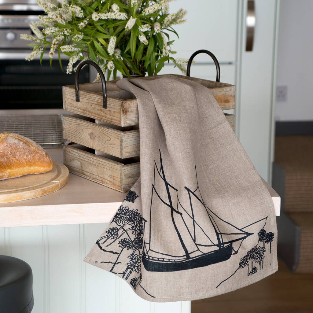 Sailing Boat Linen Tea Towel By Helen Round