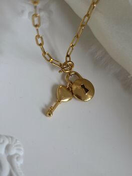 Detachable Cz Lock And Key Charm 18k Gold Pvd Plated Paperclip Dainty Necklace I, 5 of 10