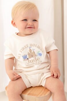 Personalised Embroidered 'My First Holiday' Beach T Shirt And Short Set, 3 of 6