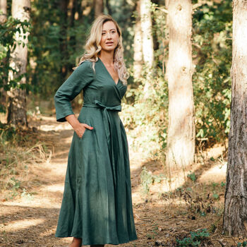 Long Linen Wrap Dress With Long Sleeves, 3 of 11
