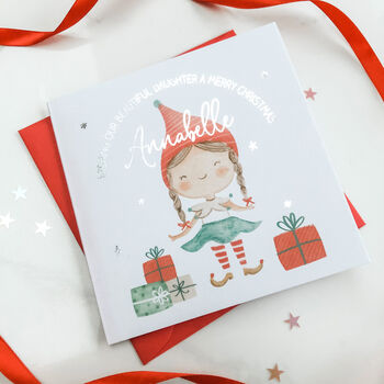 Personalised Elf Foil Christmas Card For Son Daughter, 5 of 5