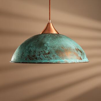 Verdigris Tall Hammered Copper Pendant Light, Handcrafted Green Patina Ceiling Lamp With Copper Fixtures, 2 of 5