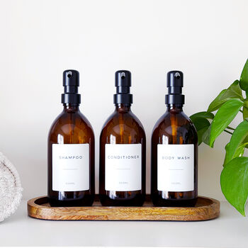 Set Of Three Amber Bathroom Bottles Choice Of Metal Pump Colour, 3 of 11