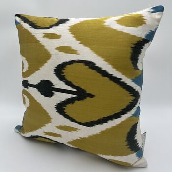 Square Ikat Silk Cushion Ochre And Blue Heart, 7 of 11