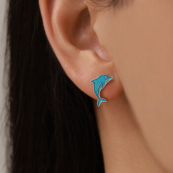 Sterling Silver Dolphin Stud Earrings With Blue Enamel, 6 of 11