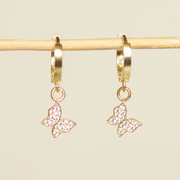 Elegant 18k Gold Plated Matte Butterfly Charm Hoop Earrings, 2 of 2