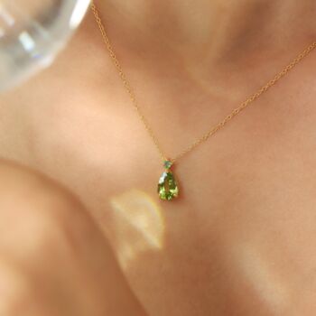 Emerald And Peridot Pear Cut Pendant Necklace In Sterling Silver And Gold Vermeil, 9 of 10