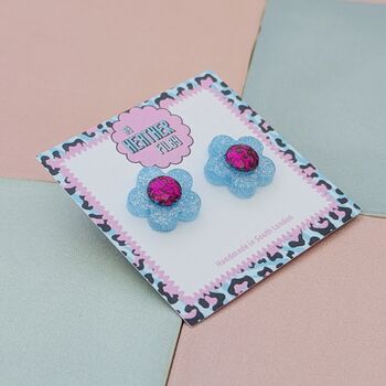 Flower Glitter Resin Stud Earrings Silver, Green And Blue, 6 of 12