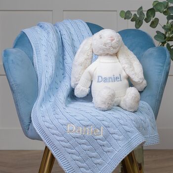 Personalised Blanket And Bashful Bunny In Blue/Cream, 2 of 7