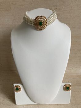 Green Beaded Pearl Gold Plated Indian Choker Set, 2 of 7