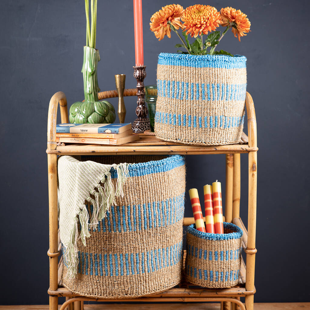 Dusty Blue Stripe Storage Baskets, 1 of 9