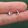 Mismatched Moon And Starburst Stud Earrings In Sterling Silver With Lab Moonstone, thumbnail 5 of 11