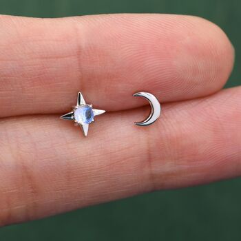 Mismatched Moon And Starburst Stud Earrings In Sterling Silver With Lab Moonstone, 5 of 11