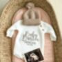 'Baby Surname Coming Soon' New Baby Announcement Knitted Romper, thumbnail 2 of 4