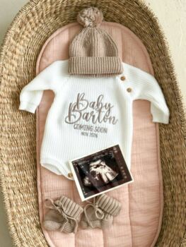 'Baby Surname Coming Soon' New Baby Announcement Knitted Romper, 2 of 4
