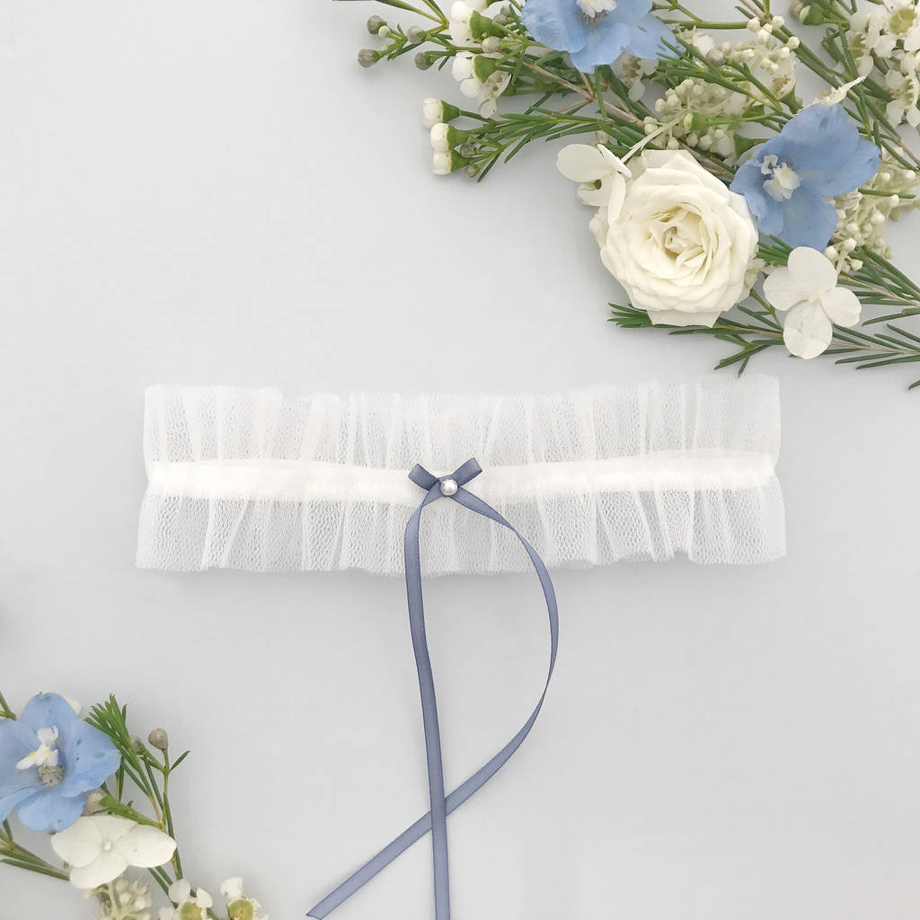 Tulle Wedding Garter With Blue Satin Bow, 1 of 8