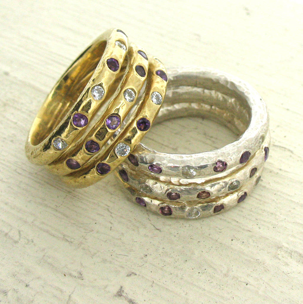 Gold Diamond And Gemstone Three Band Ring, 1 of 3