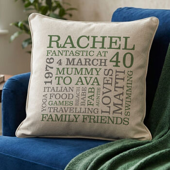 Personalised 40th Birthday Word Art Cushion, 4 of 8