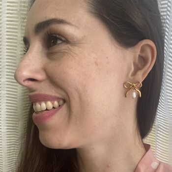 Gold Bow Earrings With Freshwater Pearls, 3 of 3