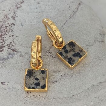 Square Dalmatian Jasper Gold Plated Gemstone Earrings, 2 of 6