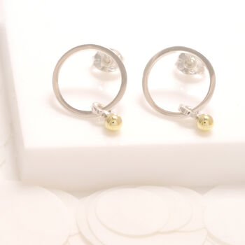 Silver Circle Stud Earrings With Dangling Gold Ball, 4 of 6