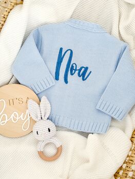 Blue Personalised Embroidered New Baby Name Cardigan, 2 of 11