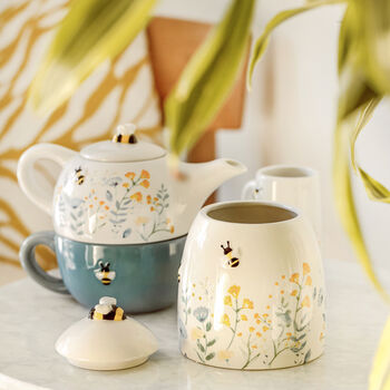 Cornflower Blue Floral Bee Ceramic Teapot And Mug Set, 4 of 9