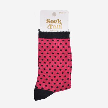 Women's Glitter Socks Pink Black Small Polka Dots, 5 of 5