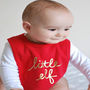 Red And Gold Christmas Little Elf Baby Bib, thumbnail 2 of 2