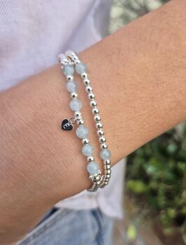 Sterling Silver March Aquamarine Personalised Heart Bracelet Set Of Two Stacking Bracelets: March Birthstone Stacking Jewellery, 2 of 6