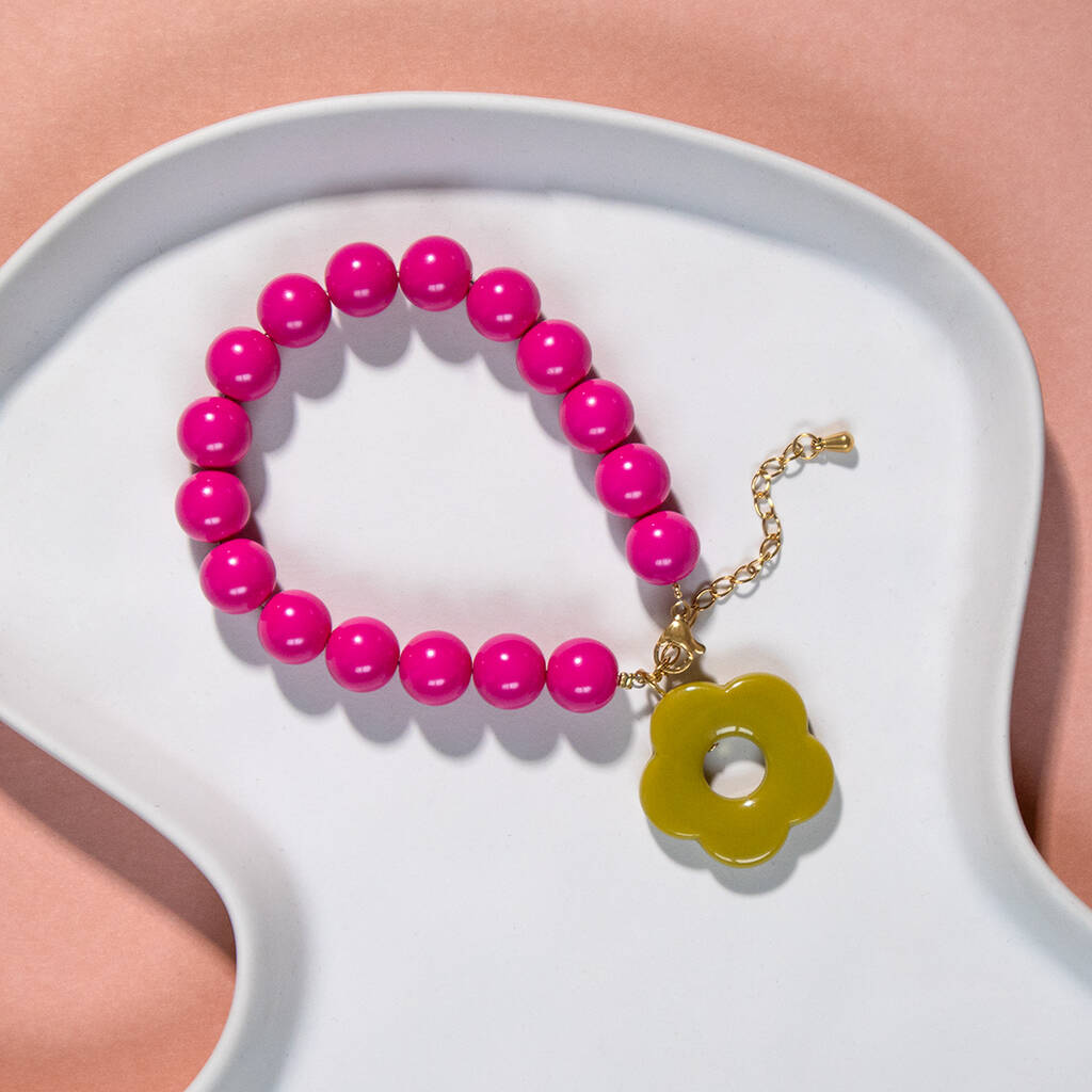 Barbie Pink Bead And Olive Flower Bracelet, 1 of 3