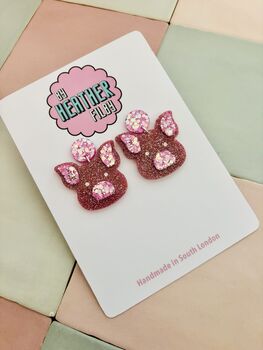 Pink Glitter Pig Earrings / Cute Farm Animal Jewellery Pink Pig Lover Gift / Young Farmer Gift Agriculture Teacher Jewellery / Lucky Pig Charm Jewellery Whimsical Pink Statement, 2 of 5