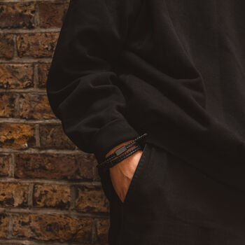 Men's Black Adjustable Leather Bracelet Single Clasp, 3 of 7