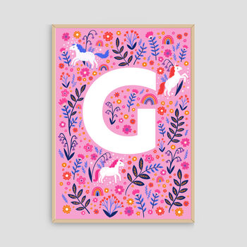 Personalised Unicorn Name Print, Girls A Z Alphabet Art, 8 of 12