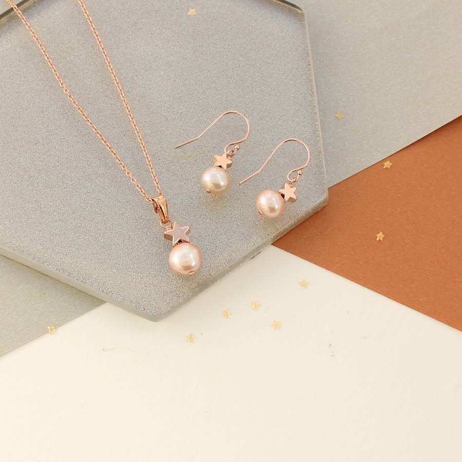 rose gold star and pearl necklace with earrings by bish bosh becca ...