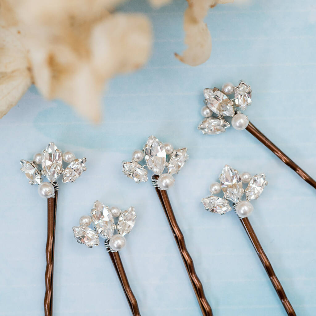 Set Of Five Diamante And Pearl Fan Bobby Pins By Melissa Morgan Designs |  