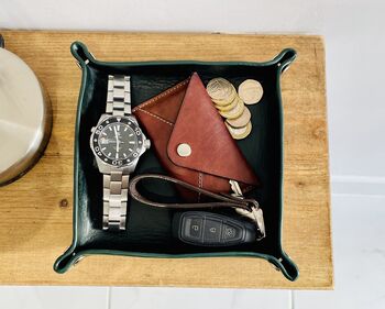 Personalised Dark Racing Green Leather Accessories Tray, 9 of 12