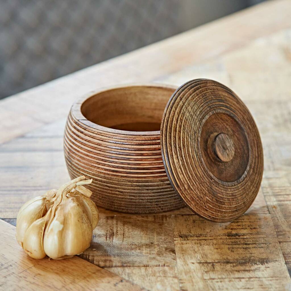 Medium Carved Mango Wood Bowl With Lid, 1 of 5