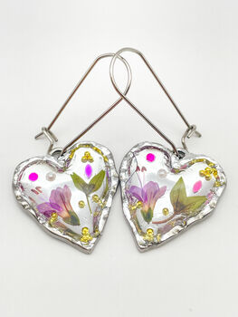Silver Colour Heart Earrings With Pink Flowers, 3 of 8