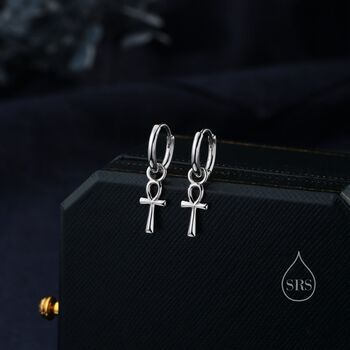 Ankh Huggie Hoop Earrings In Sterling Silver, 3 of 10