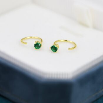 Emerald Green Cz Huggie Hoop Threader Earrings, 5 of 11
