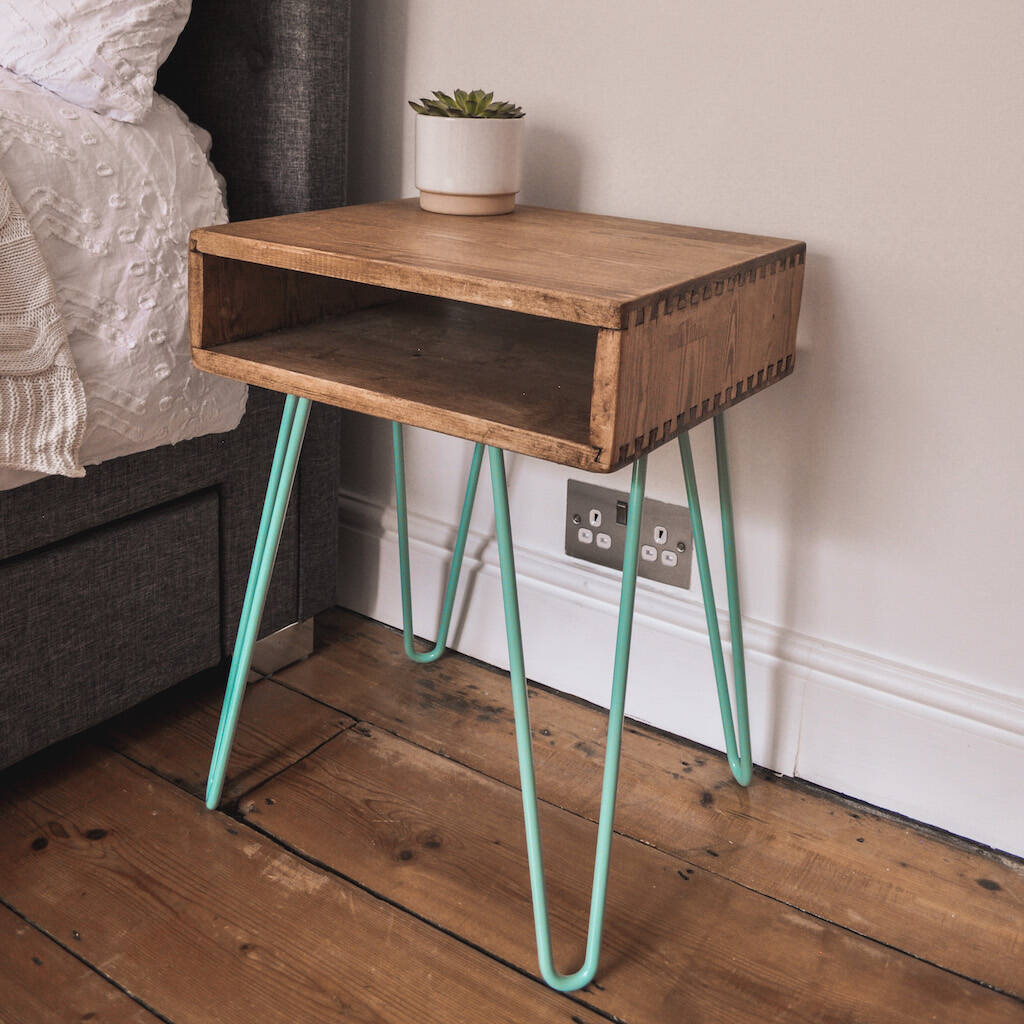 Handmade Bedside Table With Hairpin Legs By The Porcupine Creative