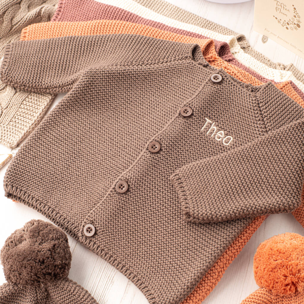 Personalised Nut Brown Luxury Cotton Baby Cardigan, 1 of 12