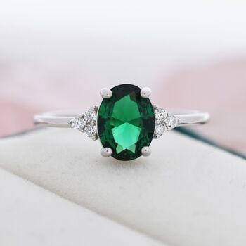 Emerald Green Cz Oval Ring In Sterling Silver, 4 of 12