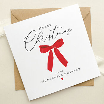 Christmas Card For Wife / Husband: Festive Red Bow And Red Heart Design, 10 of 12